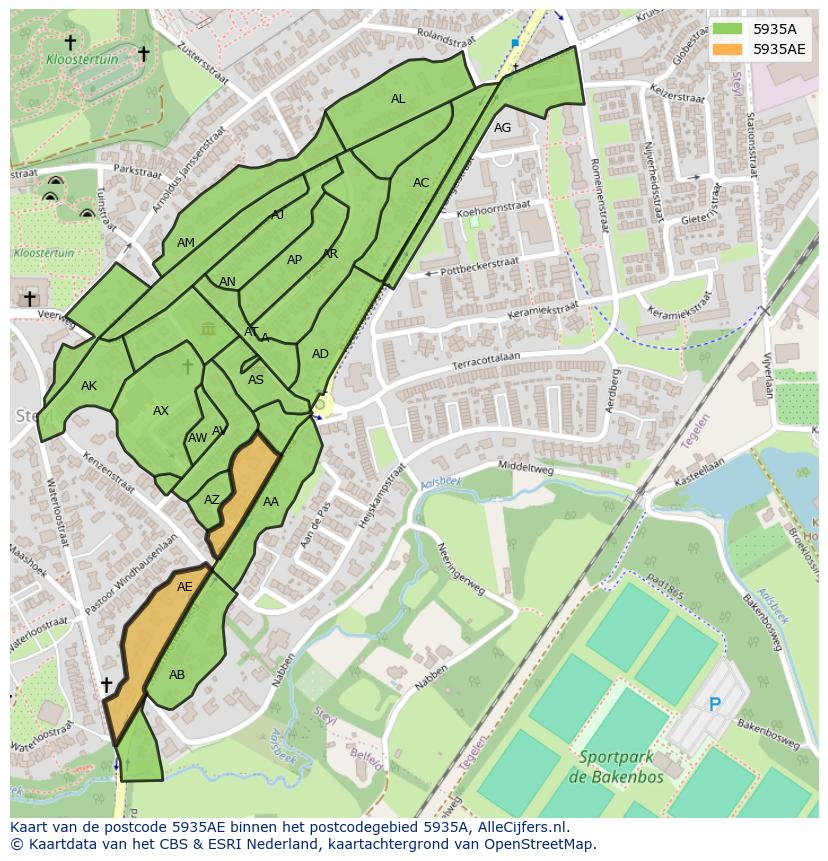 Afbeelding van het postcodegebied 5935 AE op de kaart.
