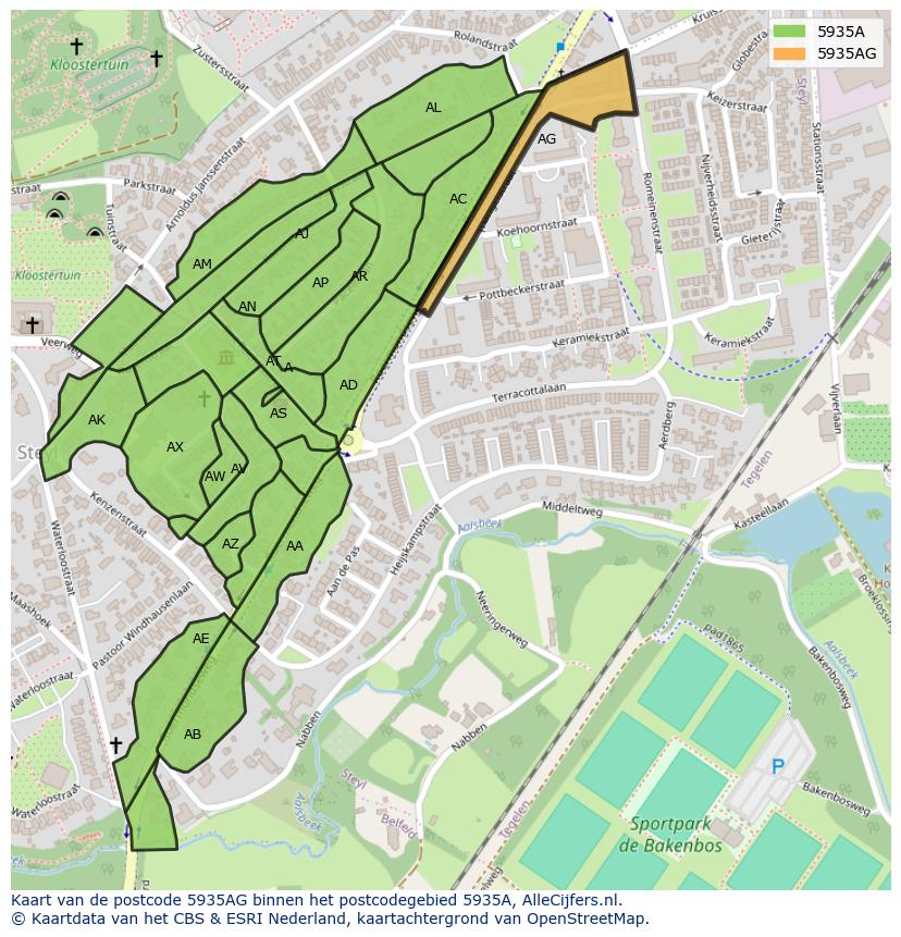 Afbeelding van het postcodegebied 5935 AG op de kaart.