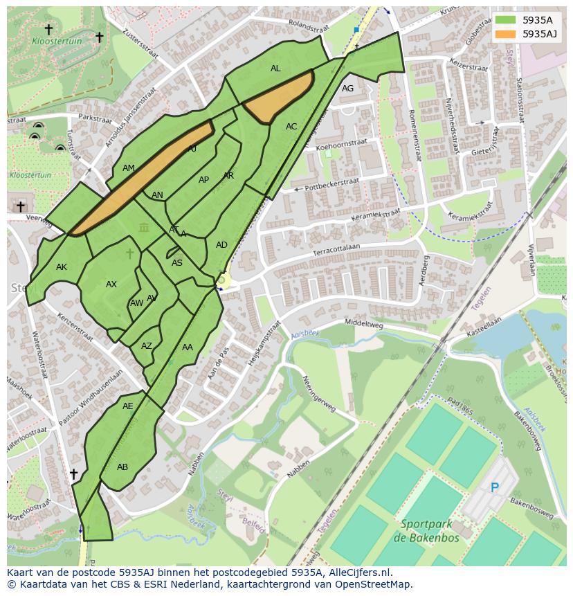 Afbeelding van het postcodegebied 5935 AJ op de kaart.
