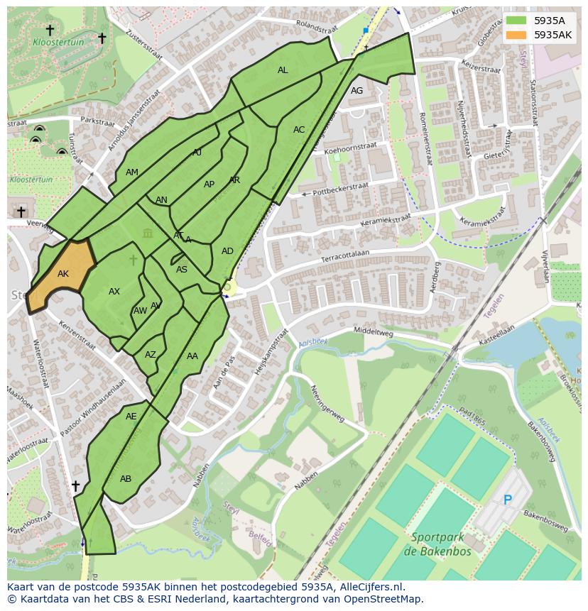 Afbeelding van het postcodegebied 5935 AK op de kaart.
