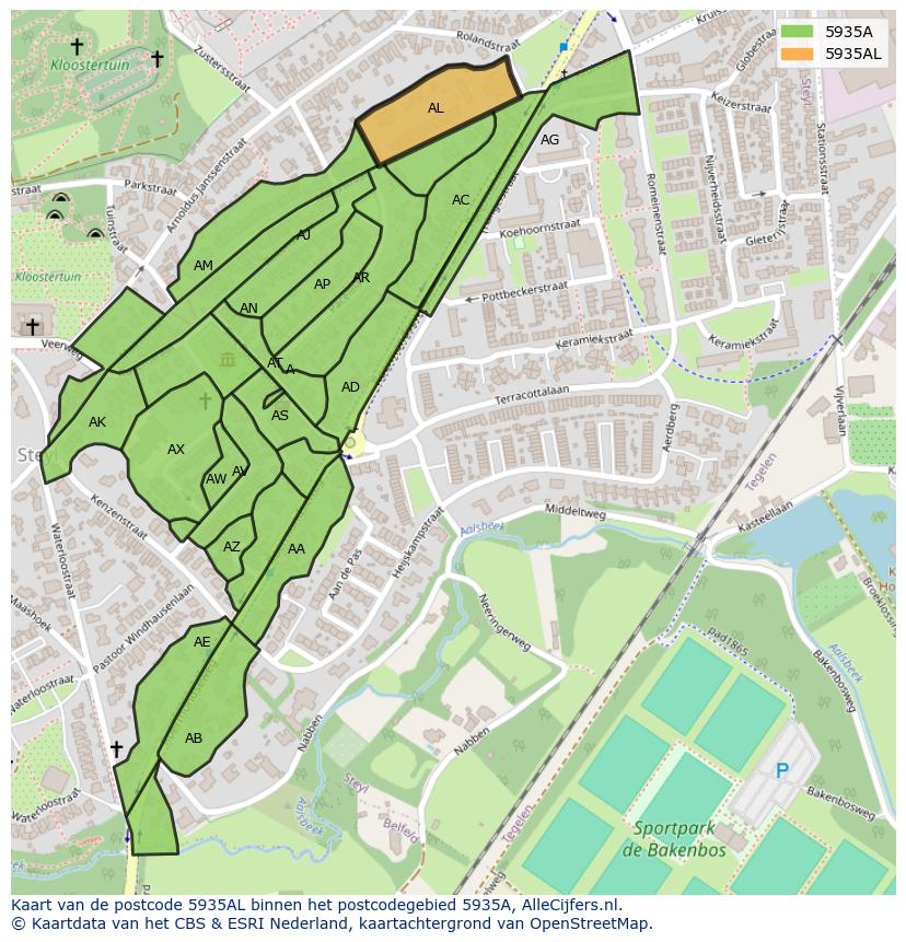 Afbeelding van het postcodegebied 5935 AL op de kaart.