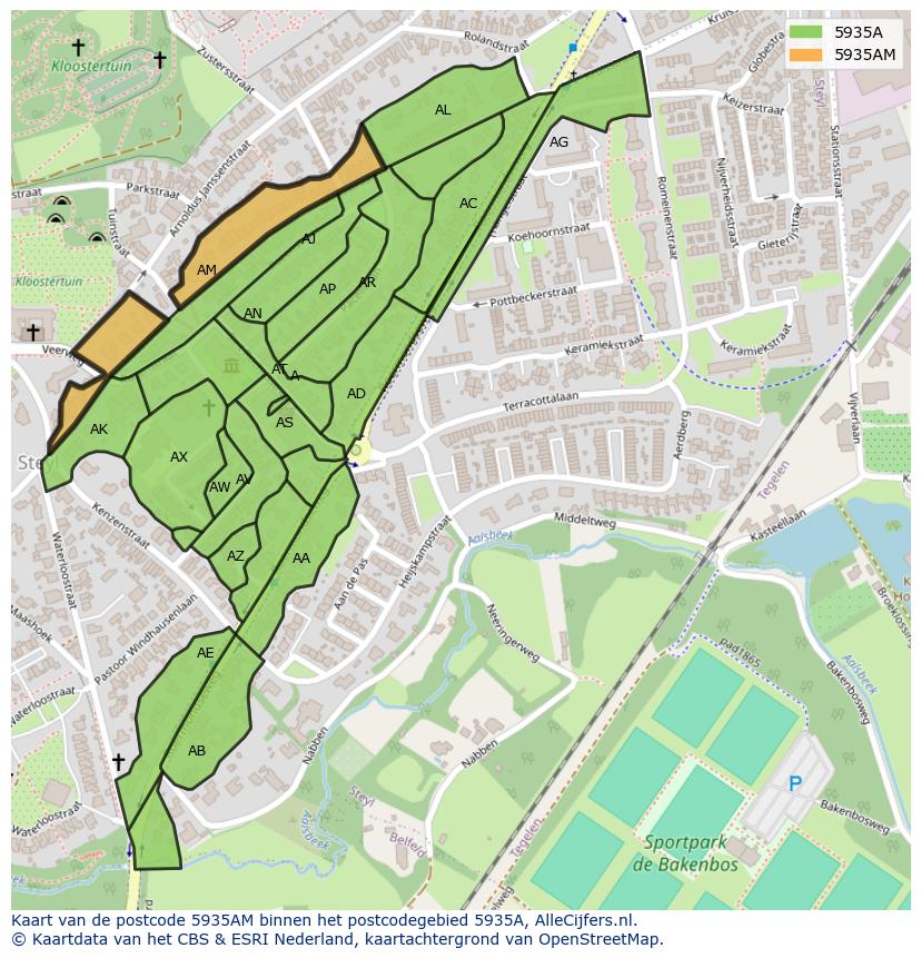 Afbeelding van het postcodegebied 5935 AM op de kaart.
