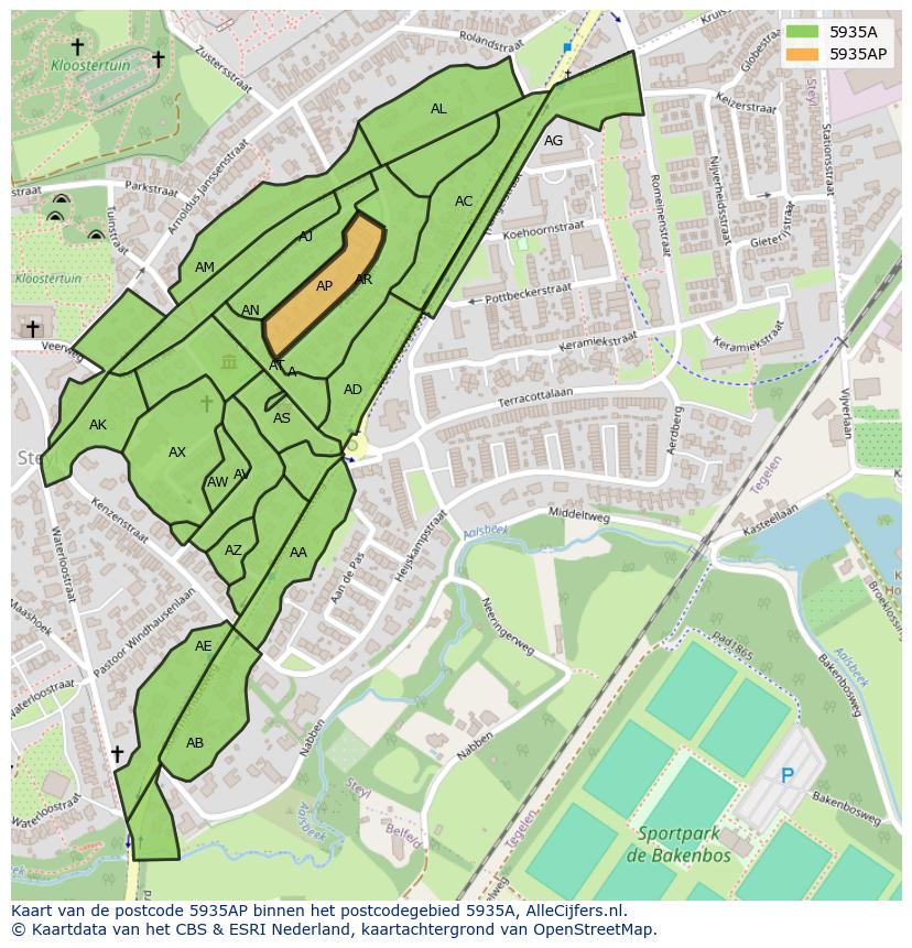 Afbeelding van het postcodegebied 5935 AP op de kaart.