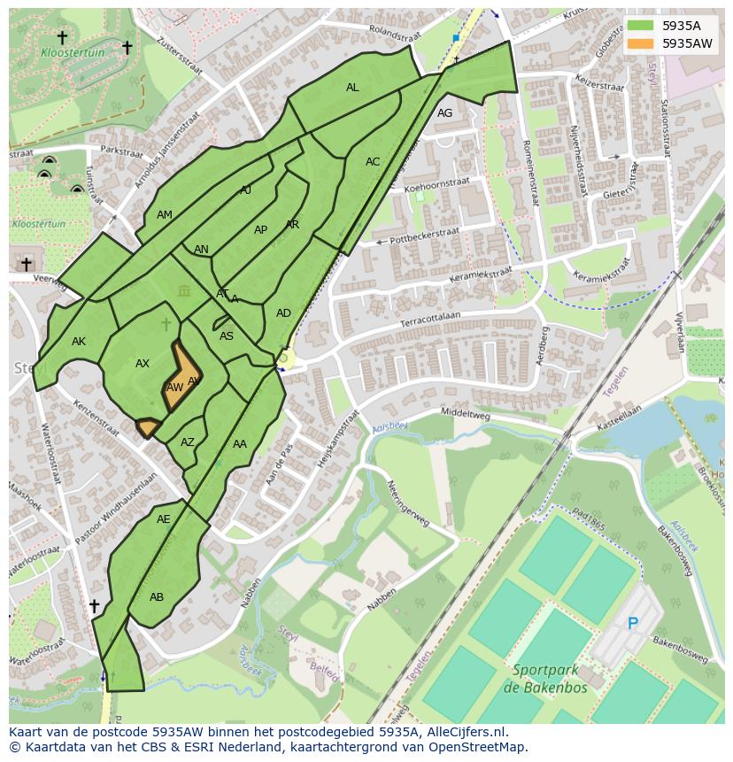 Afbeelding van het postcodegebied 5935 AW op de kaart.