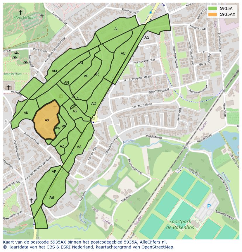 Afbeelding van het postcodegebied 5935 AX op de kaart.