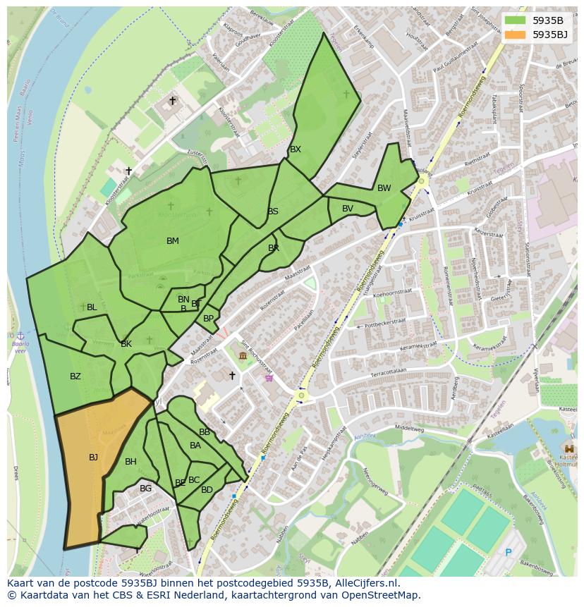 Afbeelding van het postcodegebied 5935 BJ op de kaart.