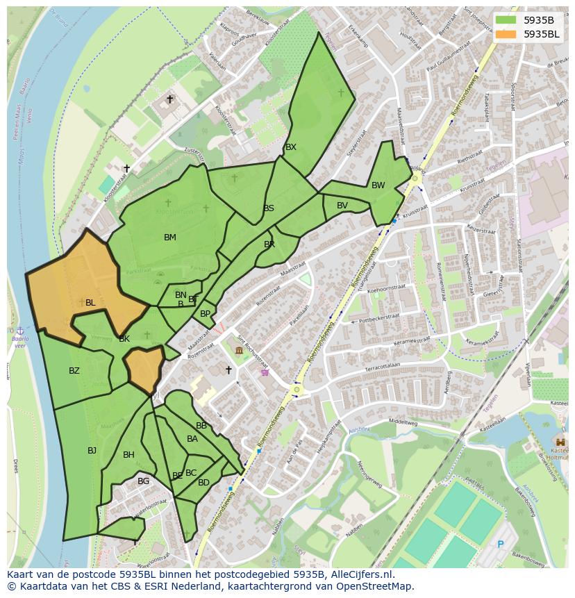 Afbeelding van het postcodegebied 5935 BL op de kaart.