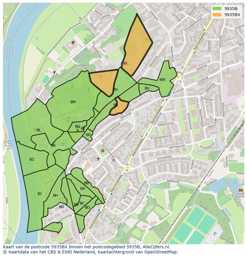Afbeelding van het postcodegebied 5935 BX op de kaart.