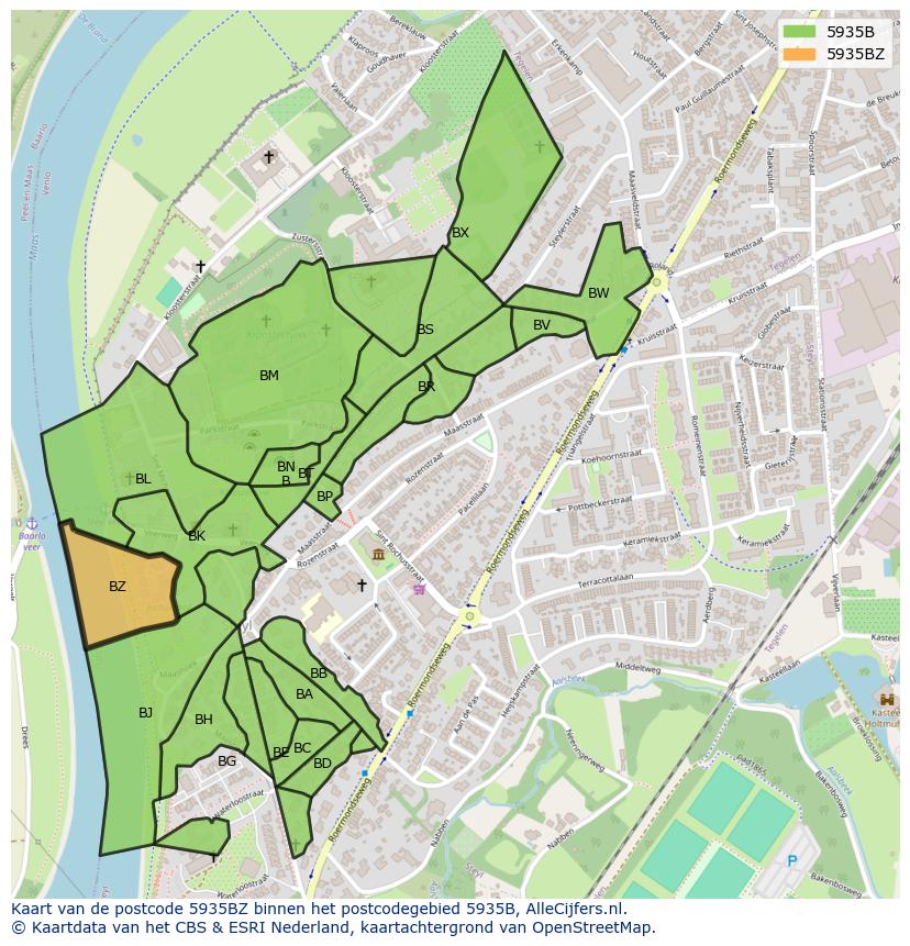 Afbeelding van het postcodegebied 5935 BZ op de kaart.