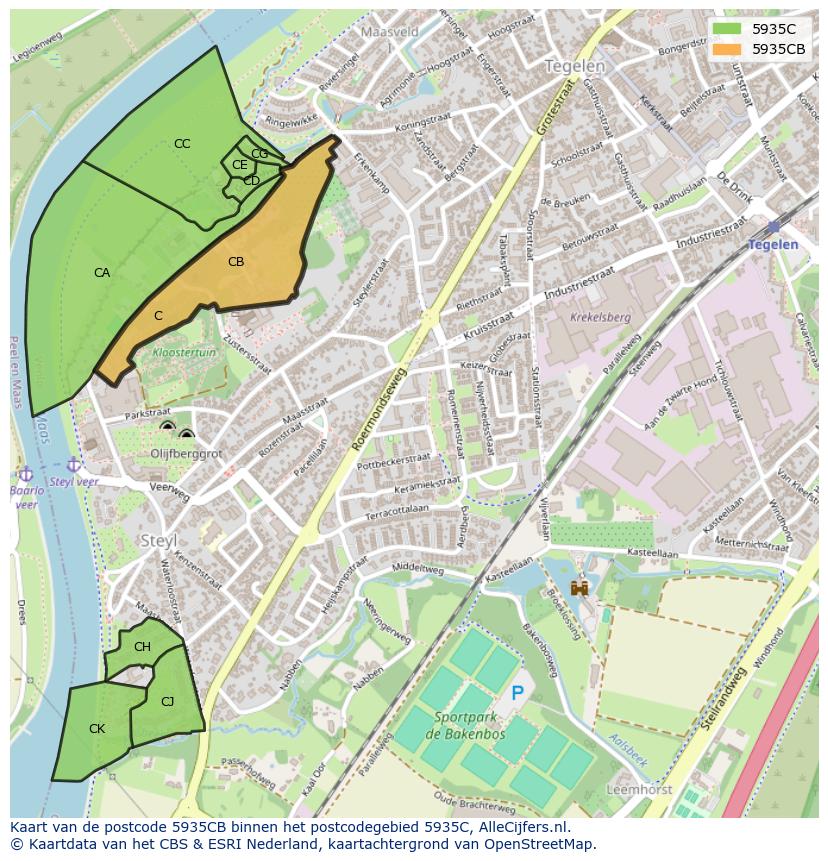 Afbeelding van het postcodegebied 5935 CB op de kaart.