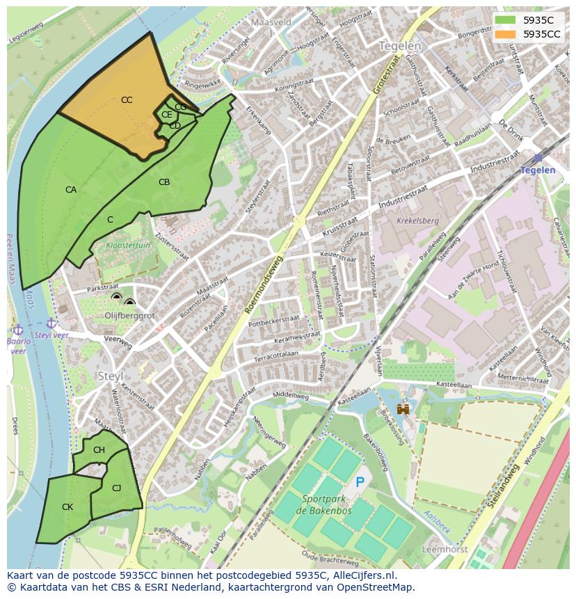 Afbeelding van het postcodegebied 5935 CC op de kaart.