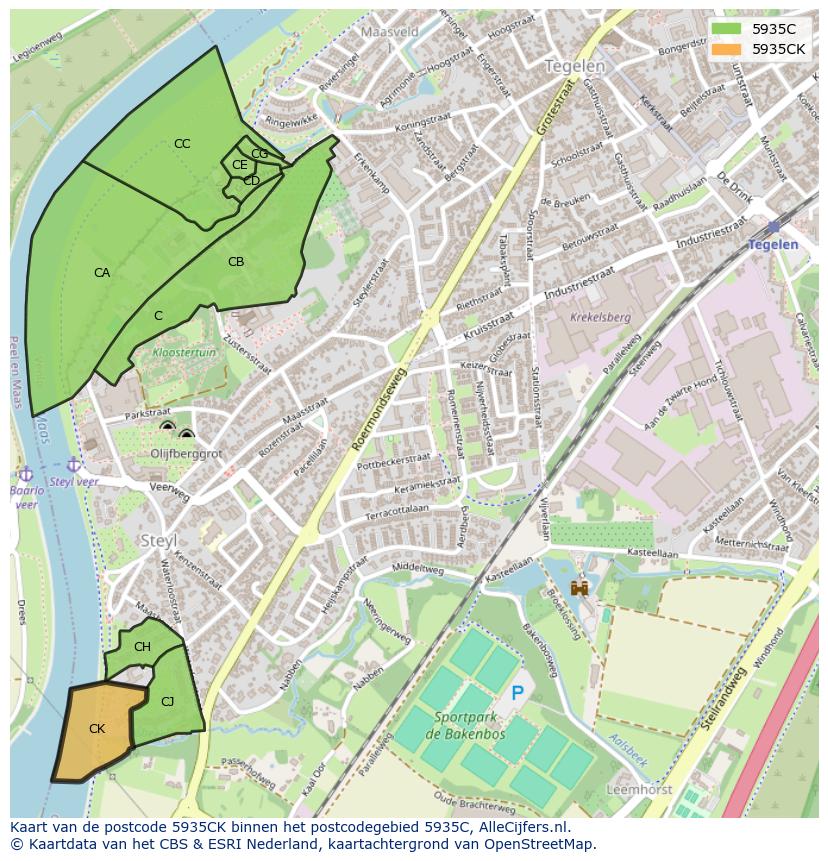 Afbeelding van het postcodegebied 5935 CK op de kaart.