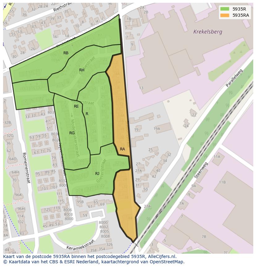 Afbeelding van het postcodegebied 5935 RA op de kaart.