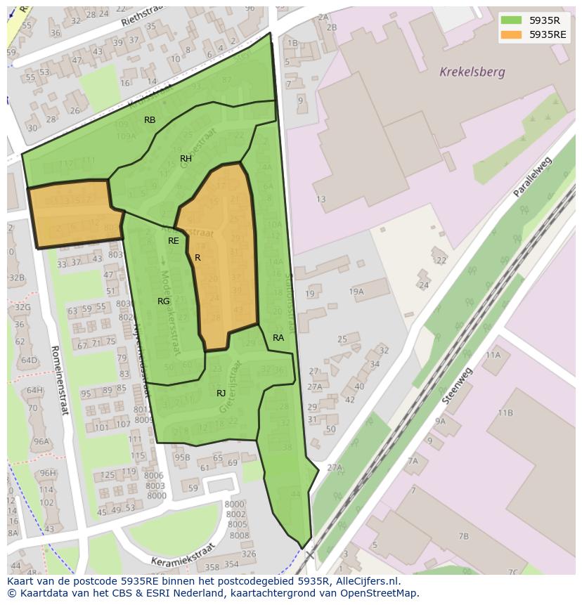 Afbeelding van het postcodegebied 5935 RE op de kaart.