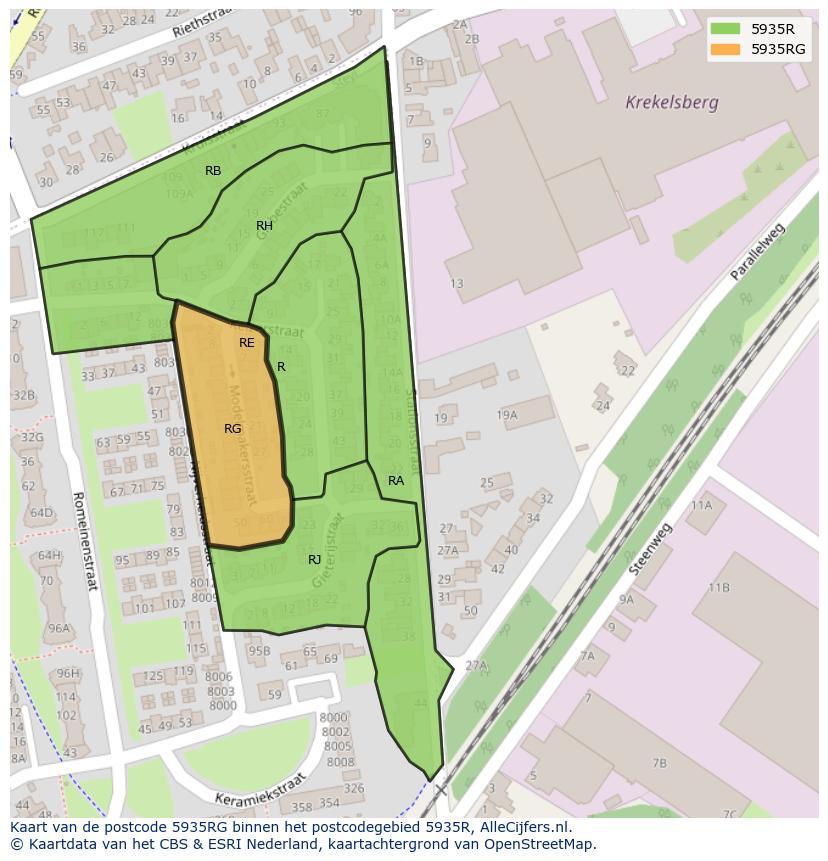 Afbeelding van het postcodegebied 5935 RG op de kaart.