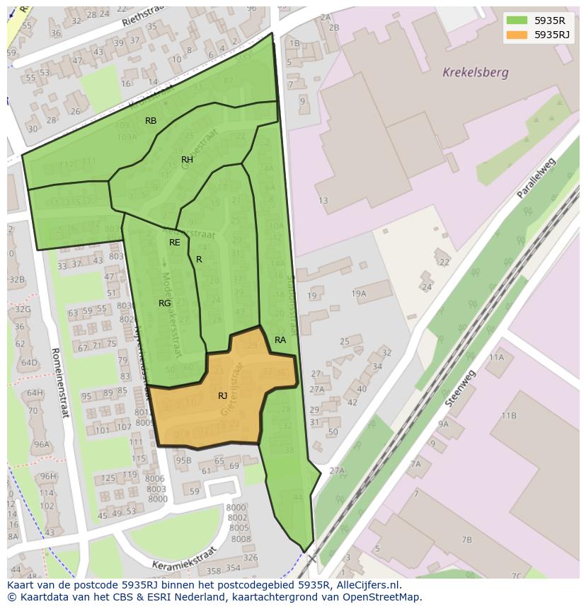 Afbeelding van het postcodegebied 5935 RJ op de kaart.