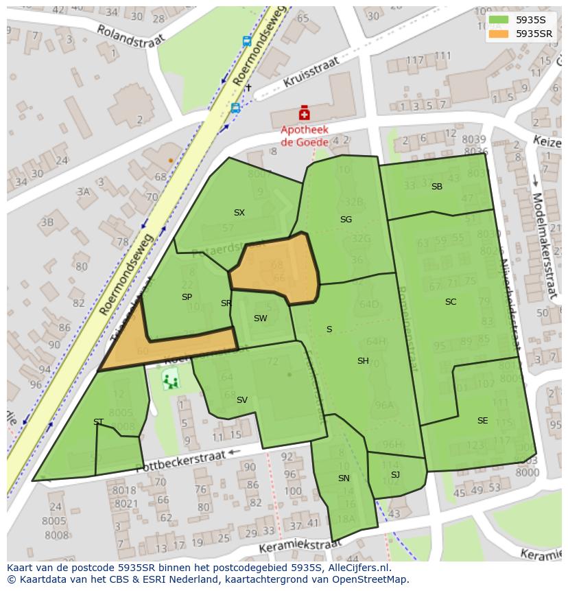Afbeelding van het postcodegebied 5935 SR op de kaart.