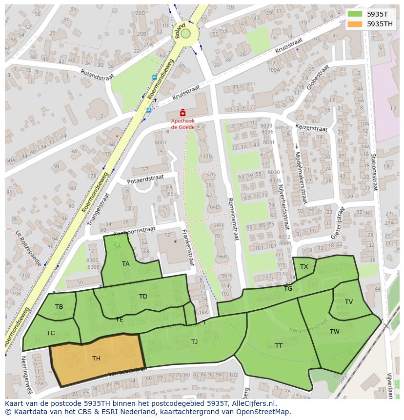 Afbeelding van het postcodegebied 5935 TH op de kaart.