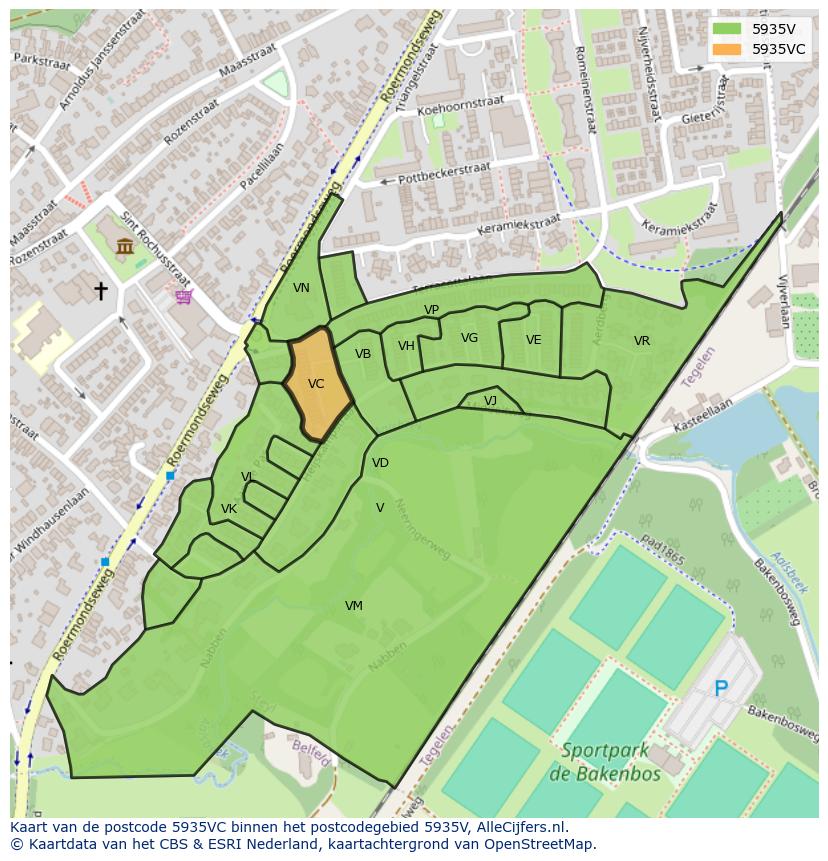 Afbeelding van het postcodegebied 5935 VC op de kaart.