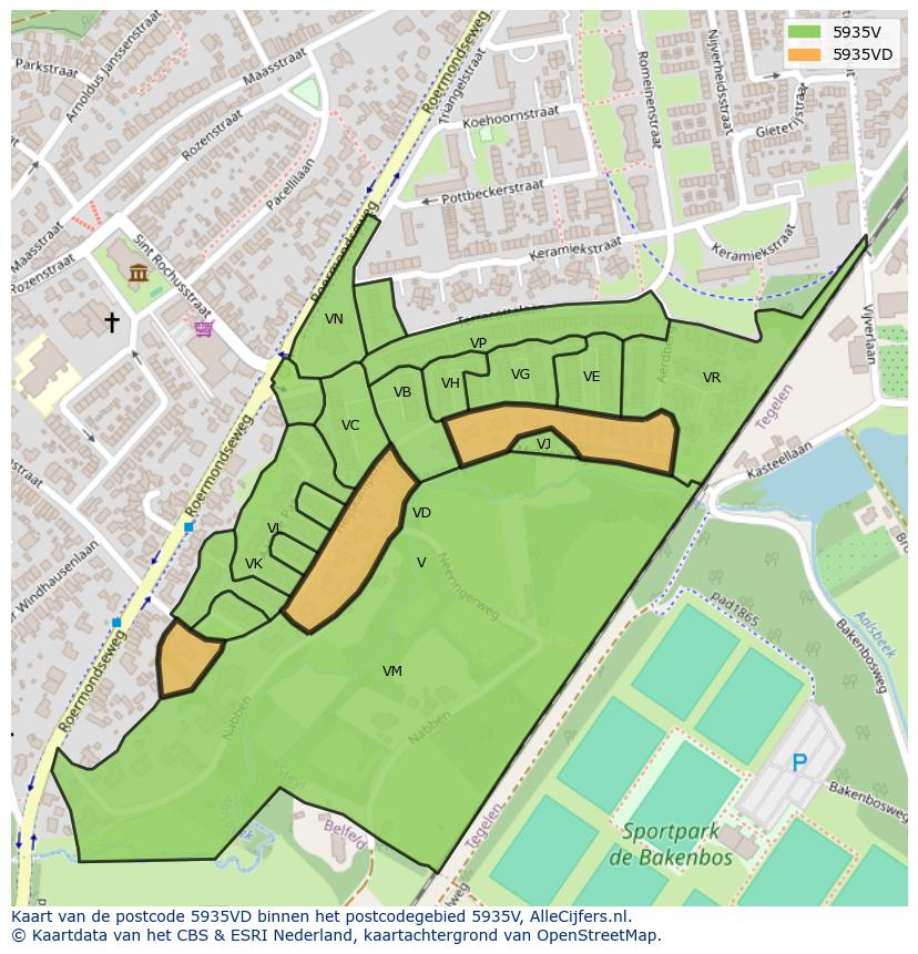 Afbeelding van het postcodegebied 5935 VD op de kaart.