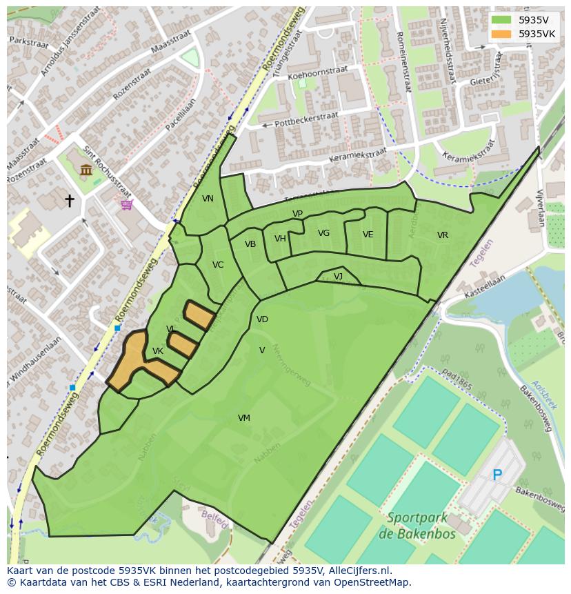 Afbeelding van het postcodegebied 5935 VK op de kaart.