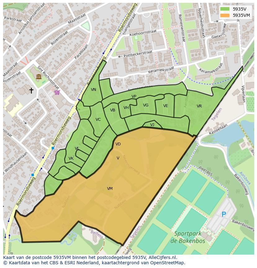 Afbeelding van het postcodegebied 5935 VM op de kaart.
