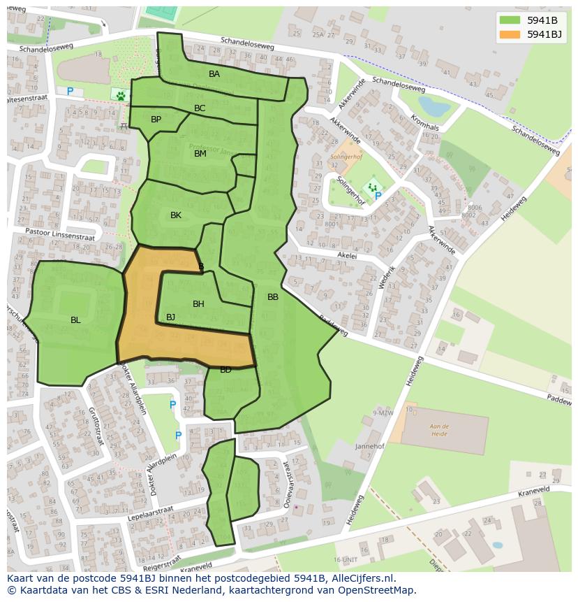Afbeelding van het postcodegebied 5941 BJ op de kaart.