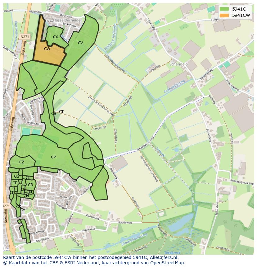 Afbeelding van het postcodegebied 5941 CW op de kaart.