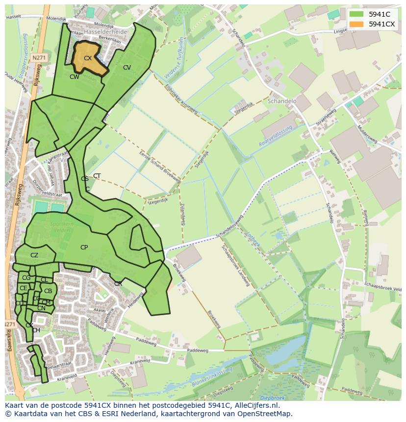 Afbeelding van het postcodegebied 5941 CX op de kaart.
