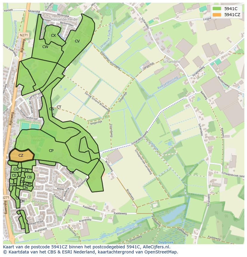 Afbeelding van het postcodegebied 5941 CZ op de kaart.
