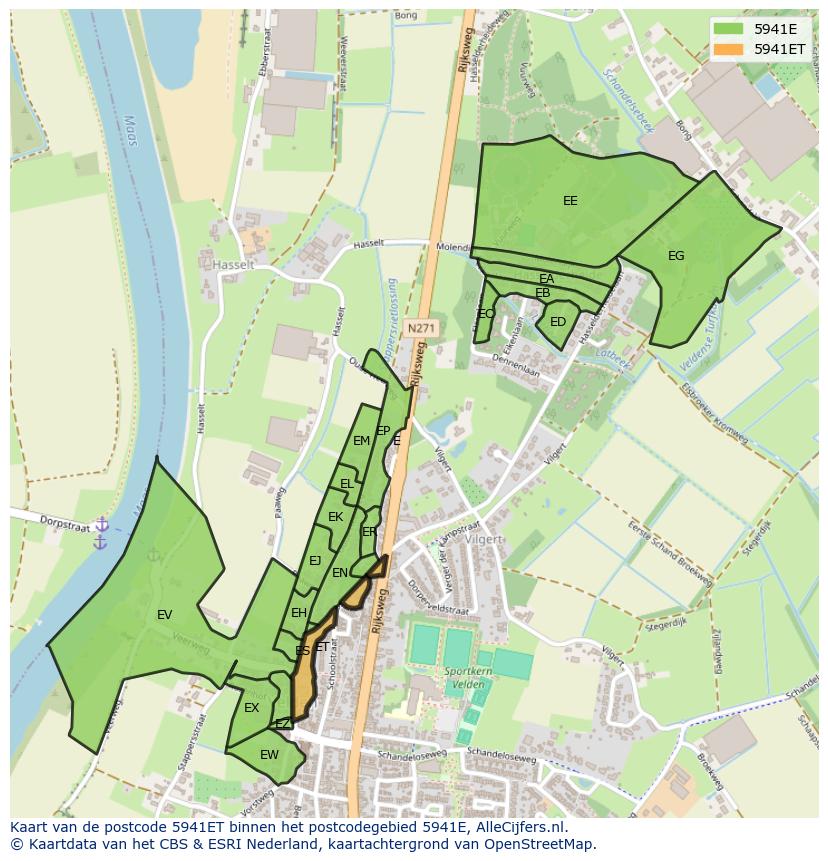 Afbeelding van het postcodegebied 5941 ET op de kaart.