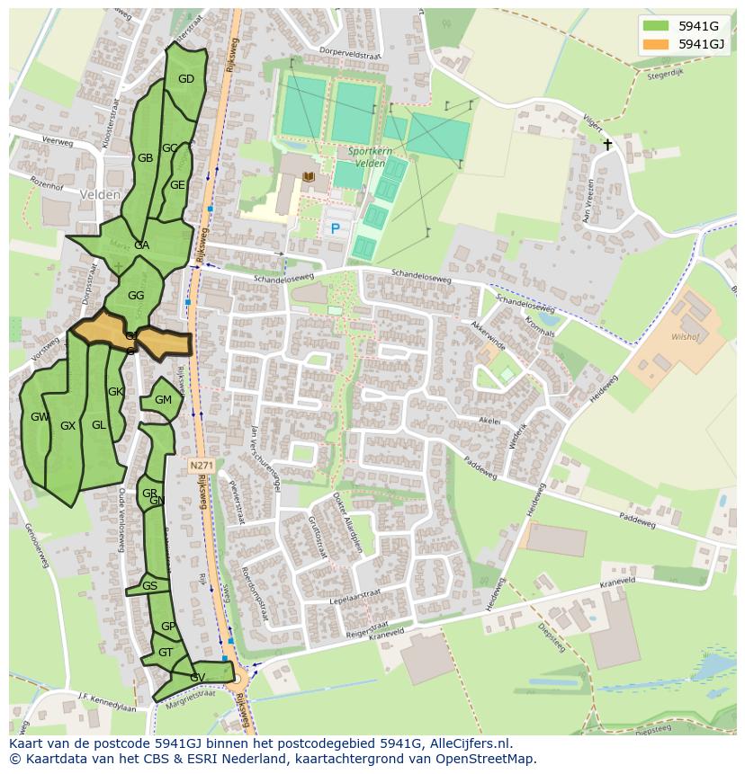 Afbeelding van het postcodegebied 5941 GJ op de kaart.