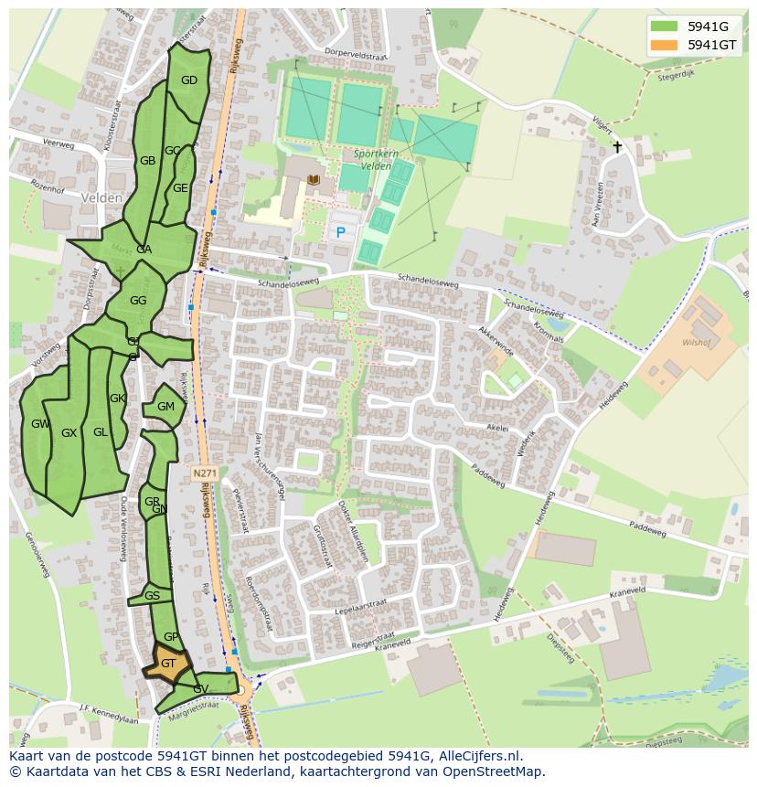 Afbeelding van het postcodegebied 5941 GT op de kaart.