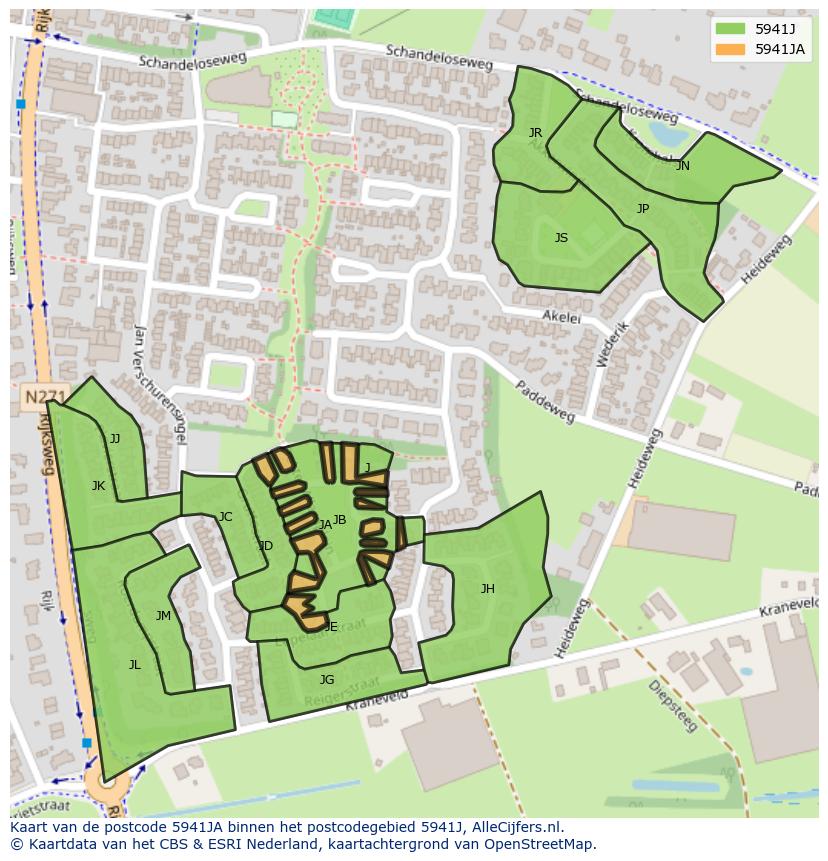 Afbeelding van het postcodegebied 5941 JA op de kaart.