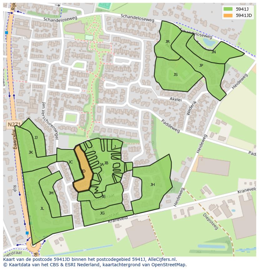 Afbeelding van het postcodegebied 5941 JD op de kaart.