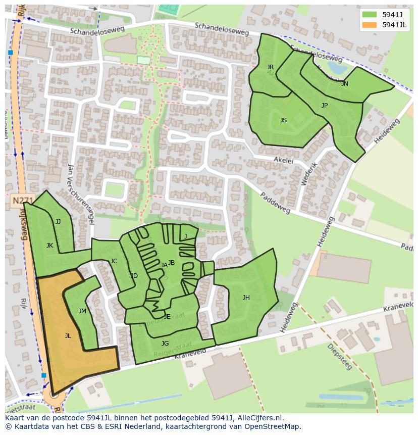 Afbeelding van het postcodegebied 5941 JL op de kaart.