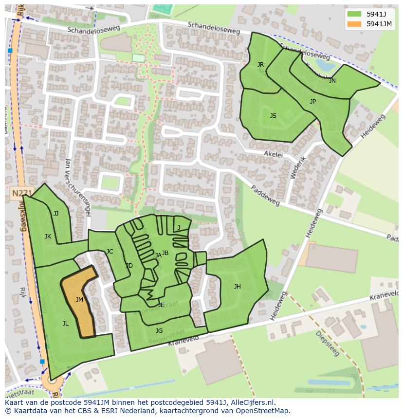 Afbeelding van het postcodegebied 5941 JM op de kaart.