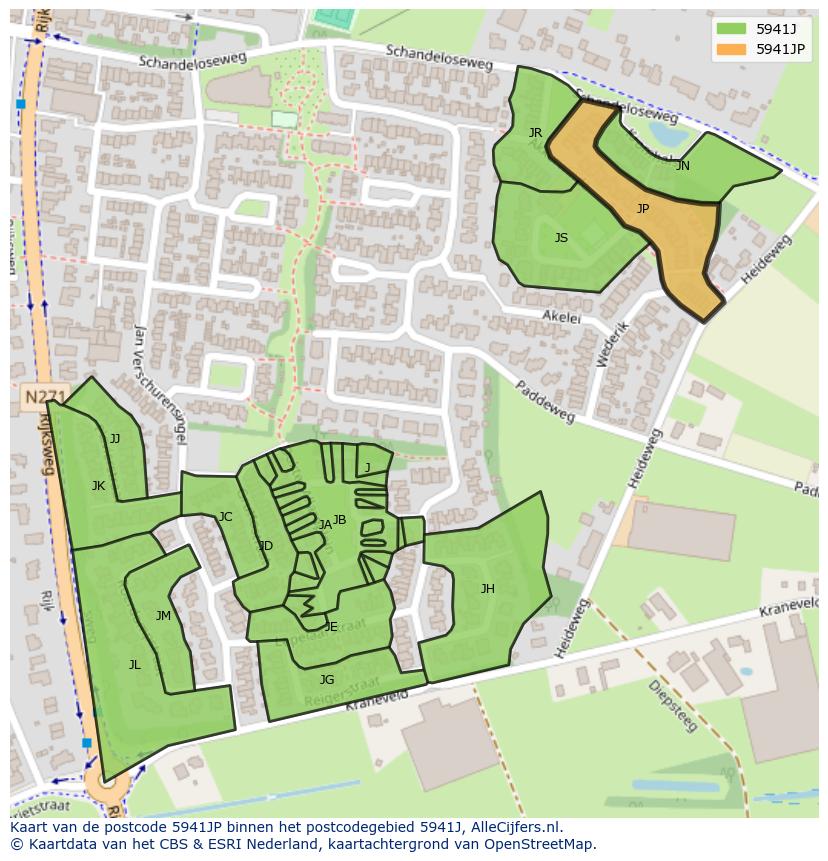 Afbeelding van het postcodegebied 5941 JP op de kaart.