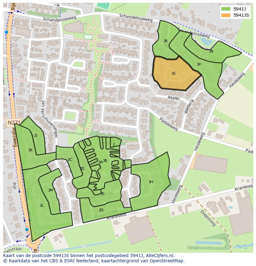 Afbeelding van het postcodegebied 5941 JS op de kaart.