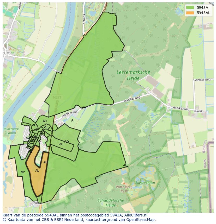 Afbeelding van het postcodegebied 5943 AL op de kaart.