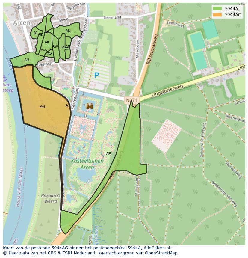 Afbeelding van het postcodegebied 5944 AG op de kaart.