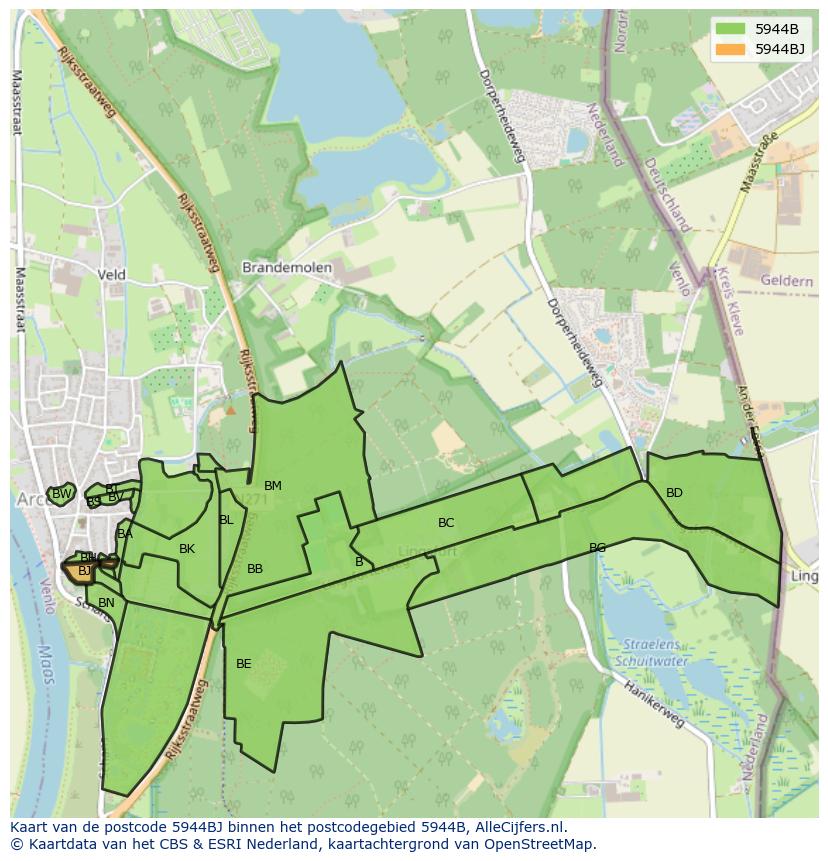 Afbeelding van het postcodegebied 5944 BJ op de kaart.