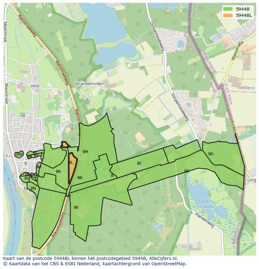 Afbeelding van het postcodegebied 5944 BL op de kaart.