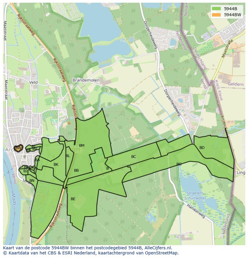 Afbeelding van het postcodegebied 5944 BW op de kaart.