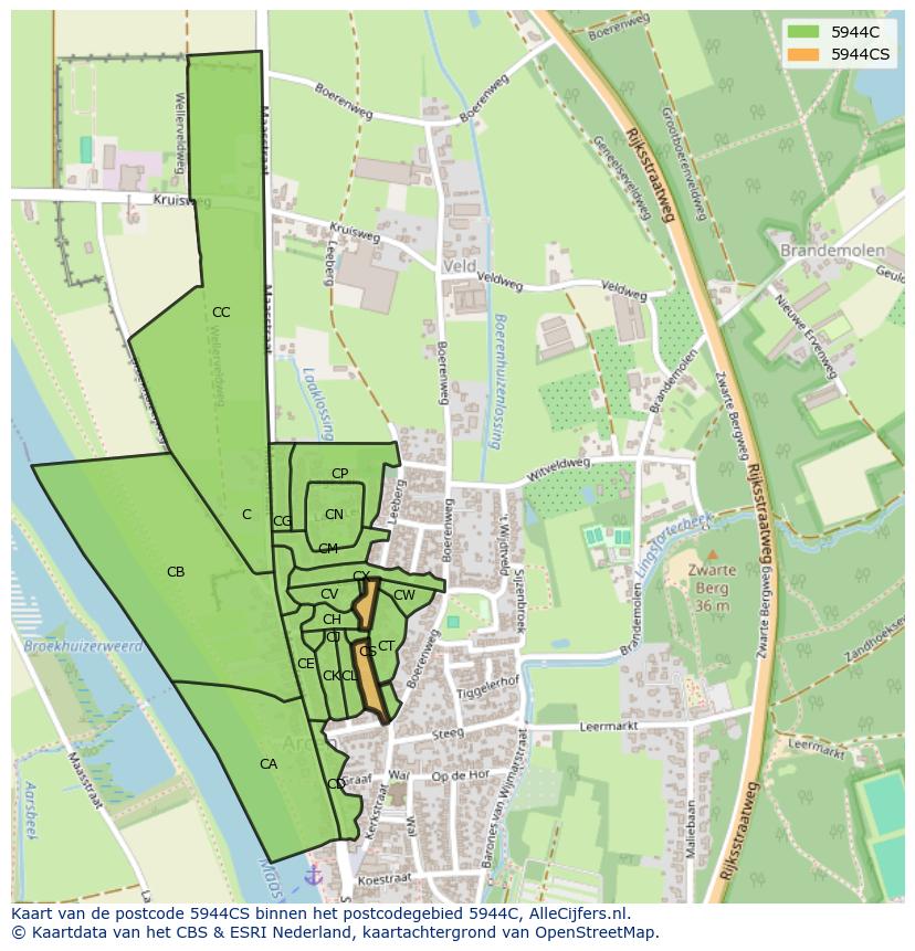 Afbeelding van het postcodegebied 5944 CS op de kaart.