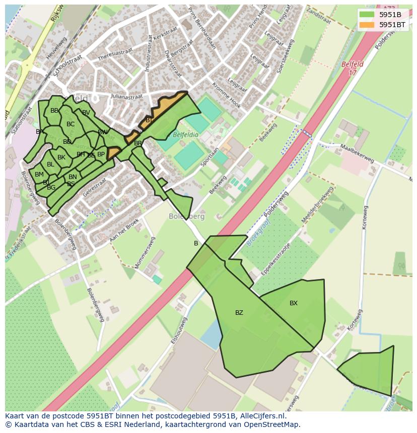 Afbeelding van het postcodegebied 5951 BT op de kaart.