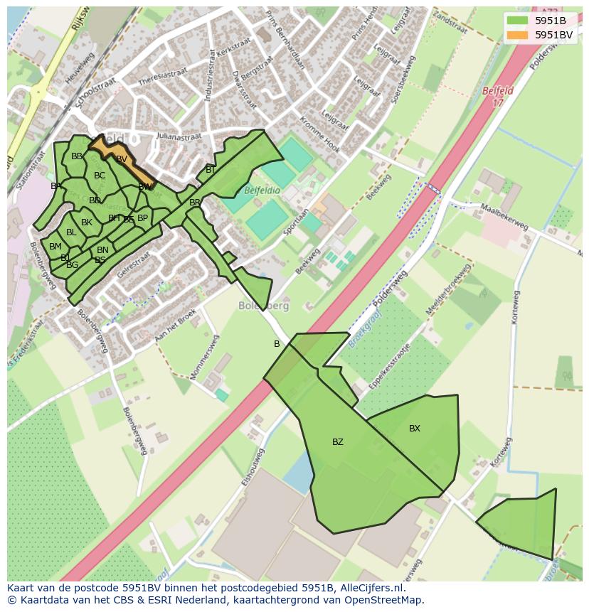 Afbeelding van het postcodegebied 5951 BV op de kaart.