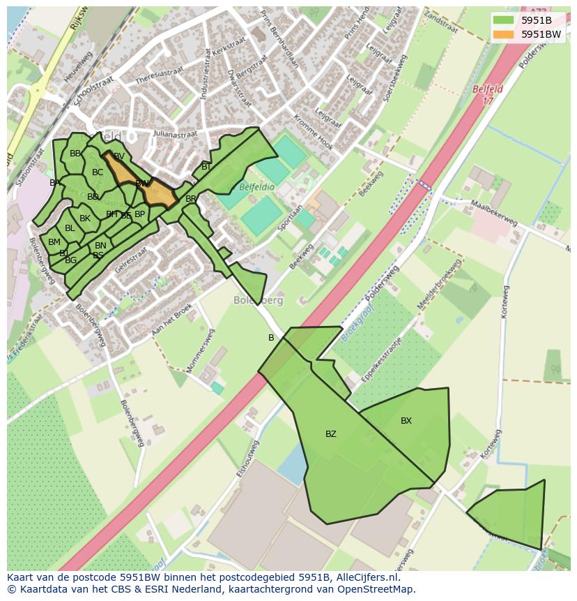Afbeelding van het postcodegebied 5951 BW op de kaart.