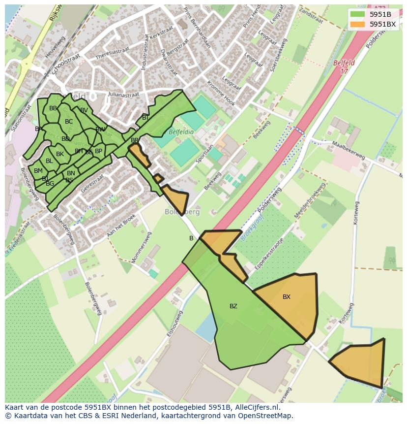 Afbeelding van het postcodegebied 5951 BX op de kaart.