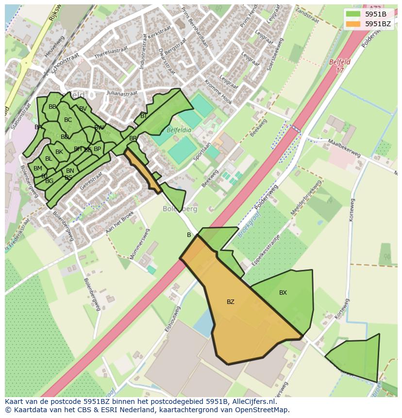 Afbeelding van het postcodegebied 5951 BZ op de kaart.